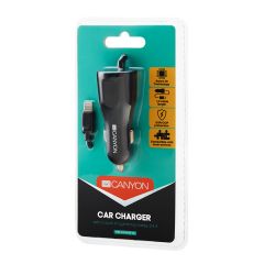 Canyon C-033 Universal USB car adapter + Lightning connector, 2.4A, Black - CNE-CCA033B-US