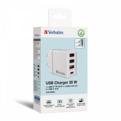 Verbatim CHR-30EU2 USB Charger 30W with 1 x USB-C® PD 20 W   1 x USB-A QC 3.0   2 x USB-A 10W White (EU)